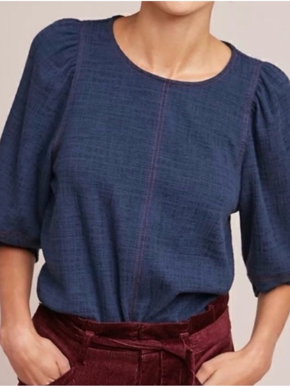 Anthropologie Current Air Navy Blouse with Red Stitching and Balloon Sleeves
